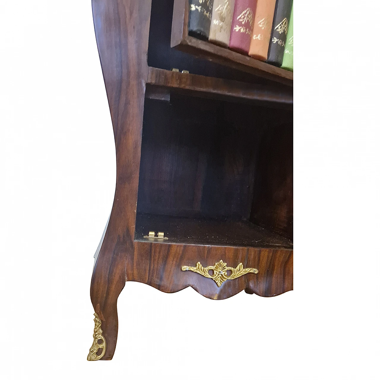 Louis XV style wood bedside table with fake books, early 20th century 9