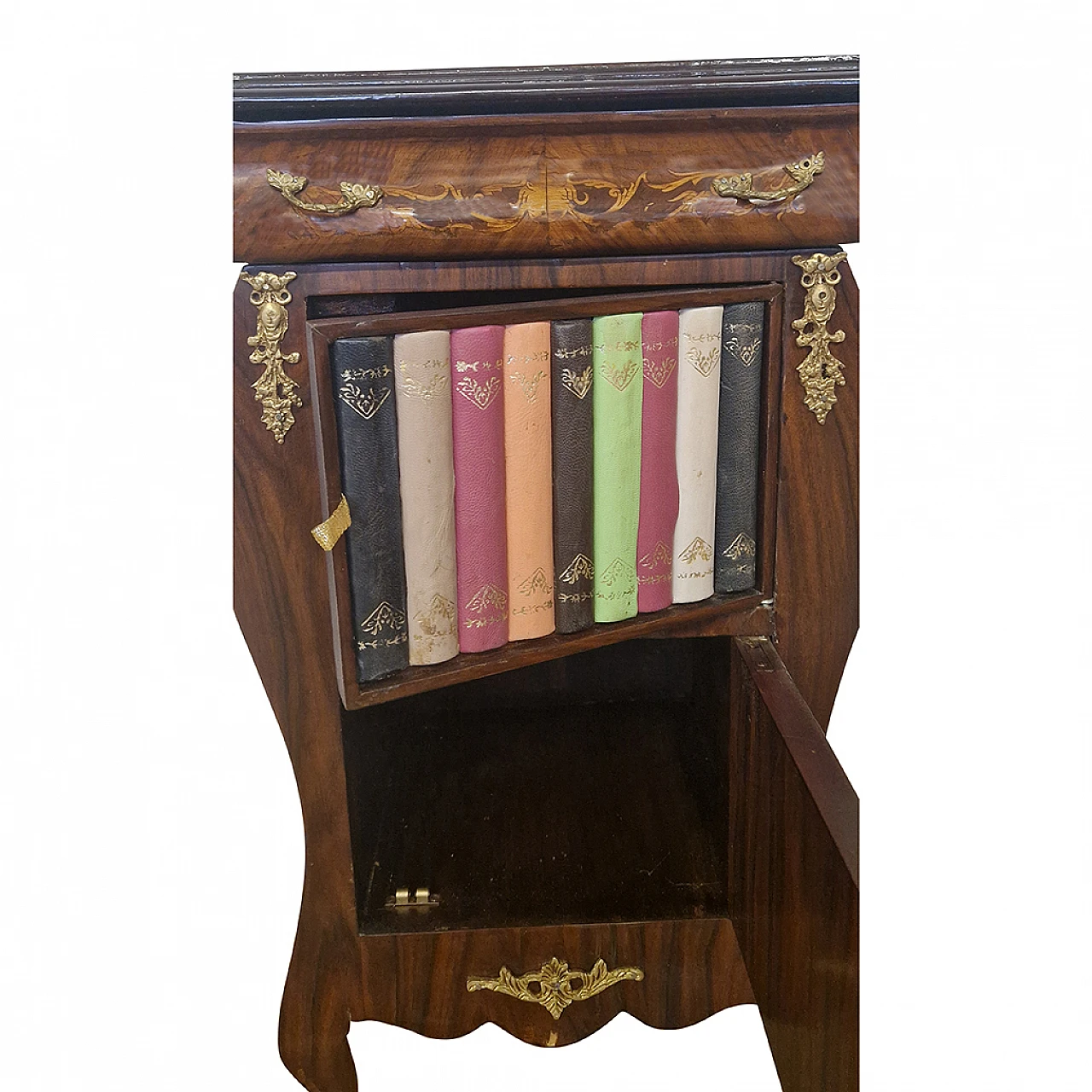 Louis XV style wood bedside table with fake books, early 20th century 10