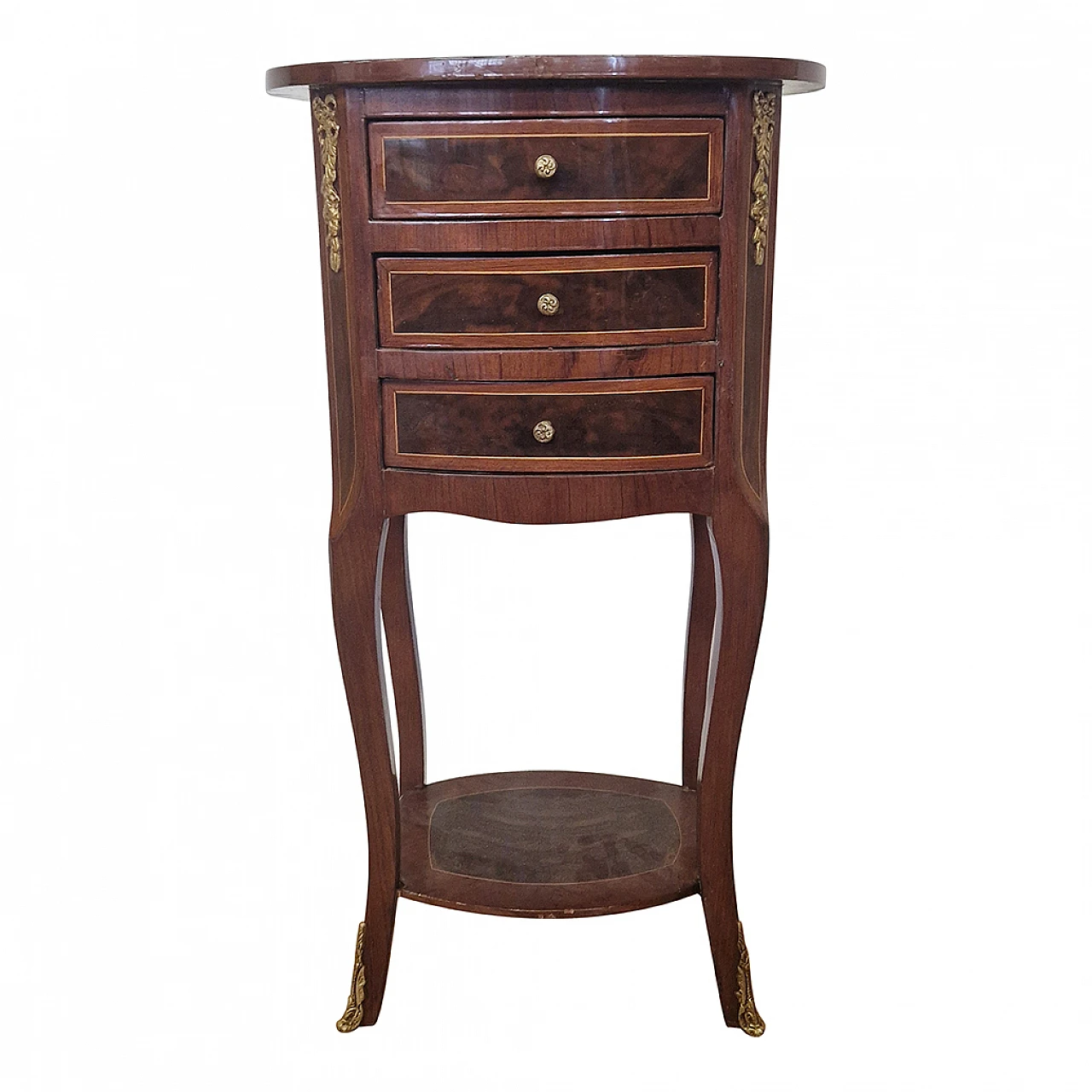 Inlaid walnut guéridon side table with drawers, 1980s 1