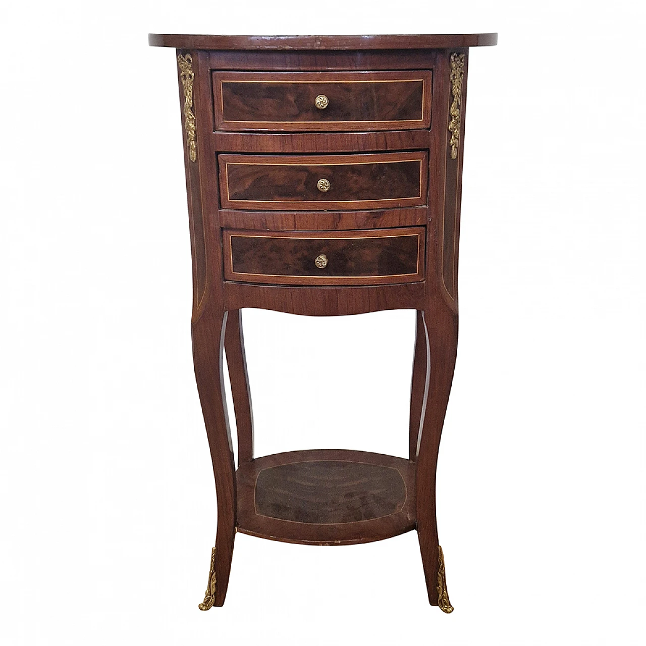 Inlaid walnut guéridon side table with drawers, 1980s 2