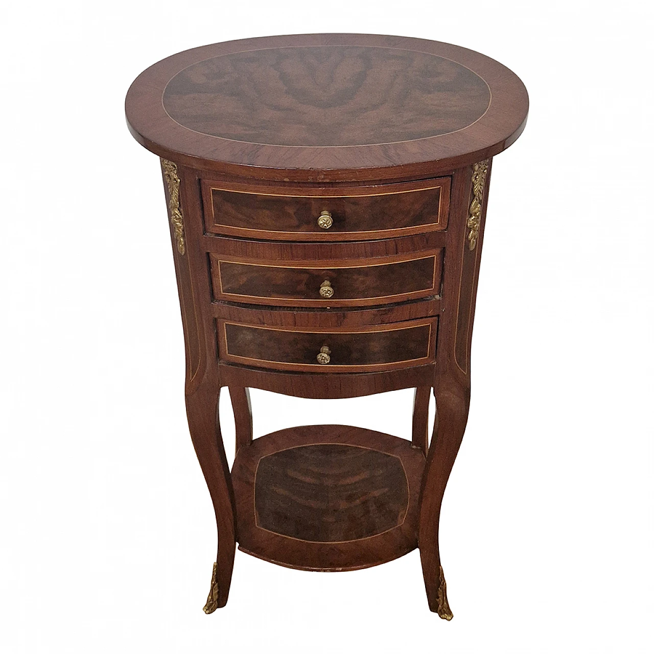 Inlaid walnut guéridon side table with drawers, 1980s 3