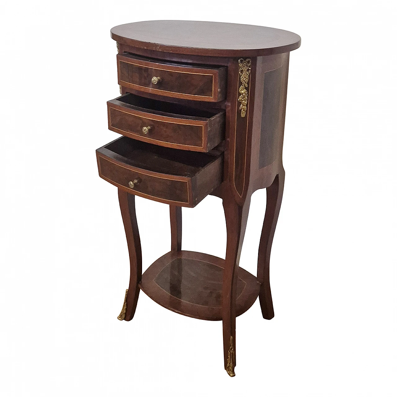 Inlaid walnut guéridon side table with drawers, 1980s 7