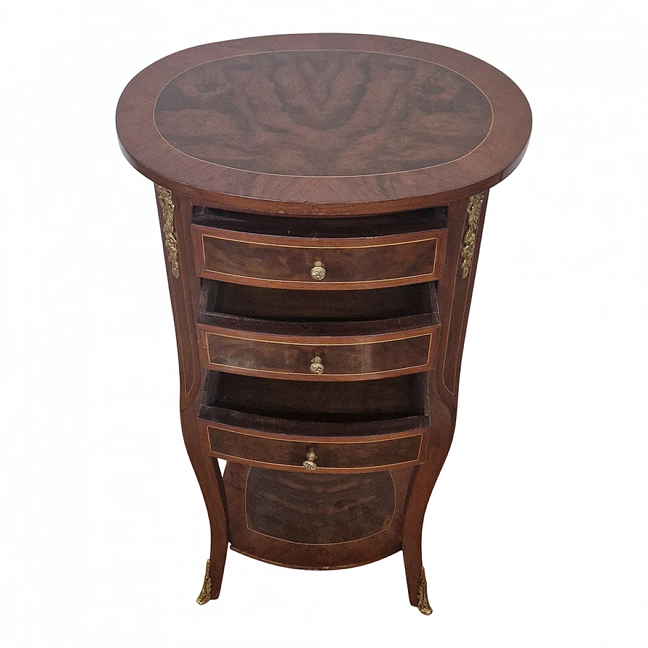 Inlaid walnut guéridon side table with drawers, 1980s 8