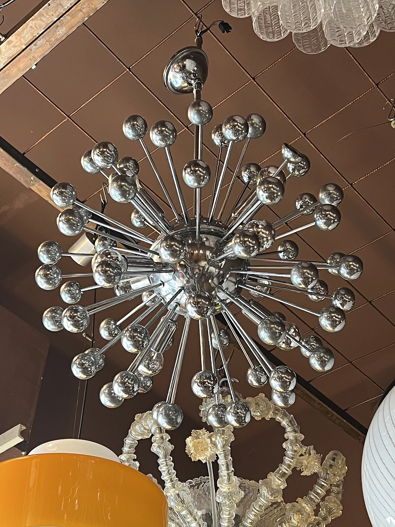 Six-light chrome-plated Sputnik chandelier, 1970s 2