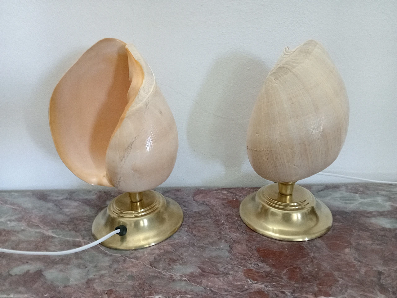 Pair of brass table lamps with shells, 1980s 4