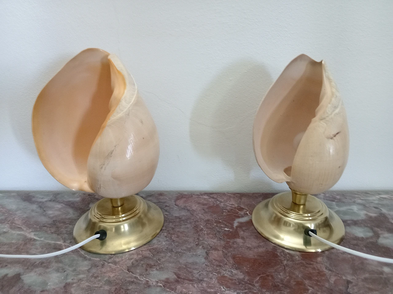 Pair of brass table lamps with shells, 1980s 5