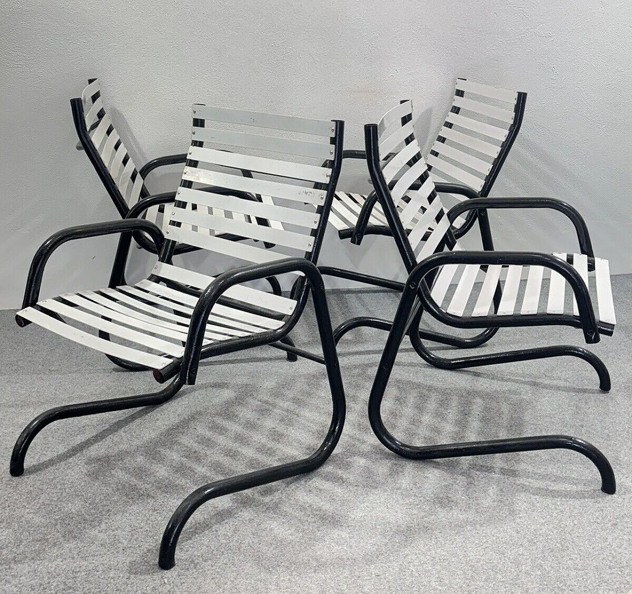 4 Garden armchairs in black and white metal, 1980s 1