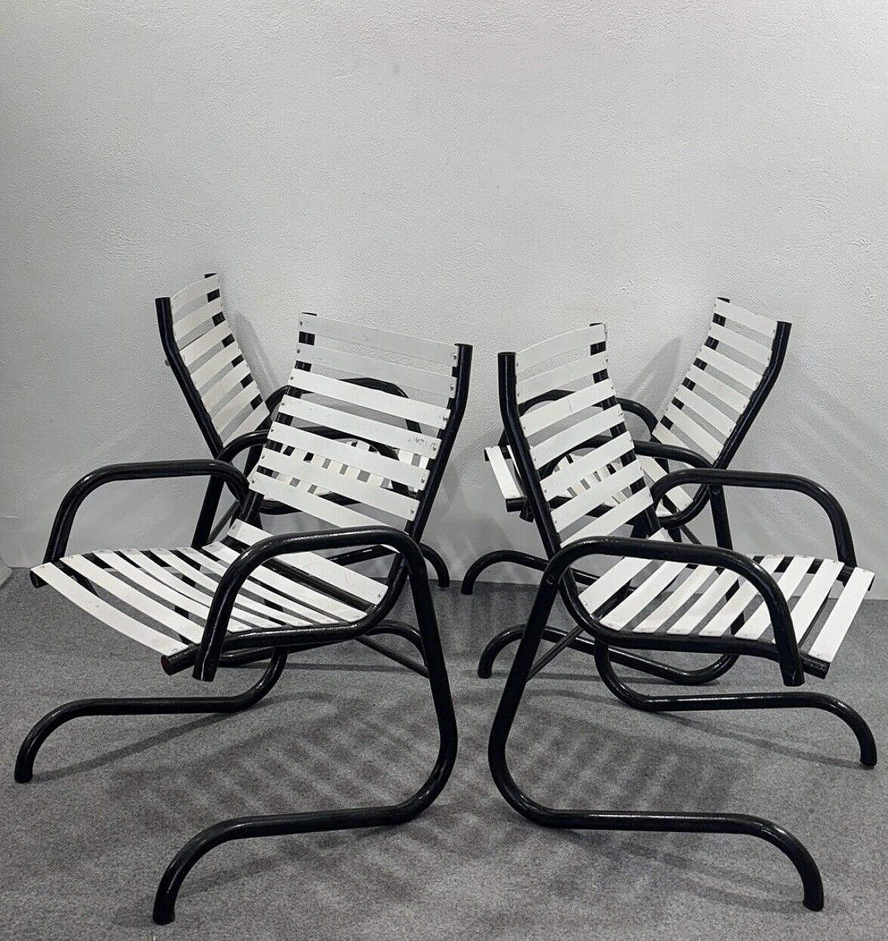 4 Garden armchairs in black and white metal, 1980s 7