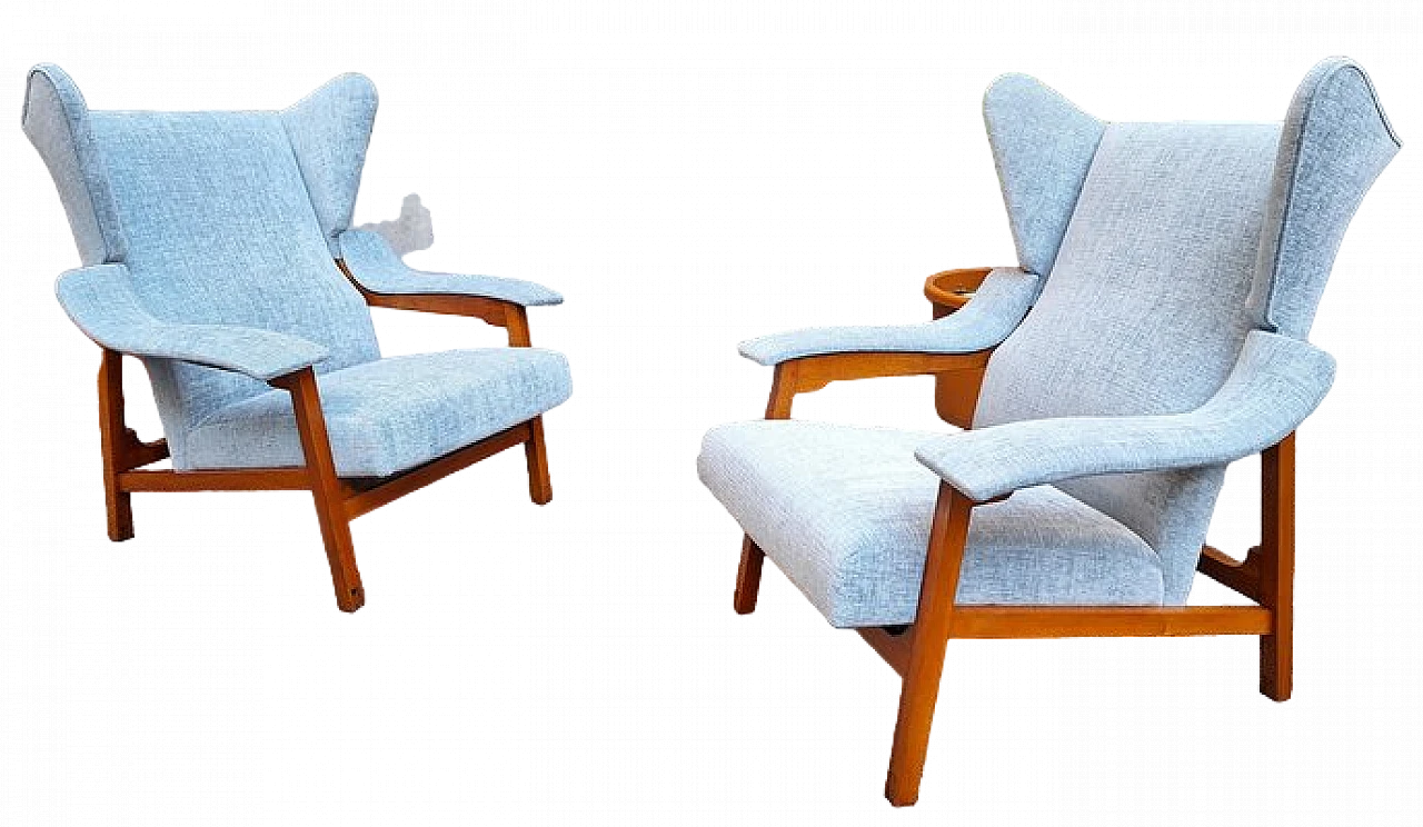 Pair of armchairs in blue fabric by Franco Albini for Cassina, 1950s 11