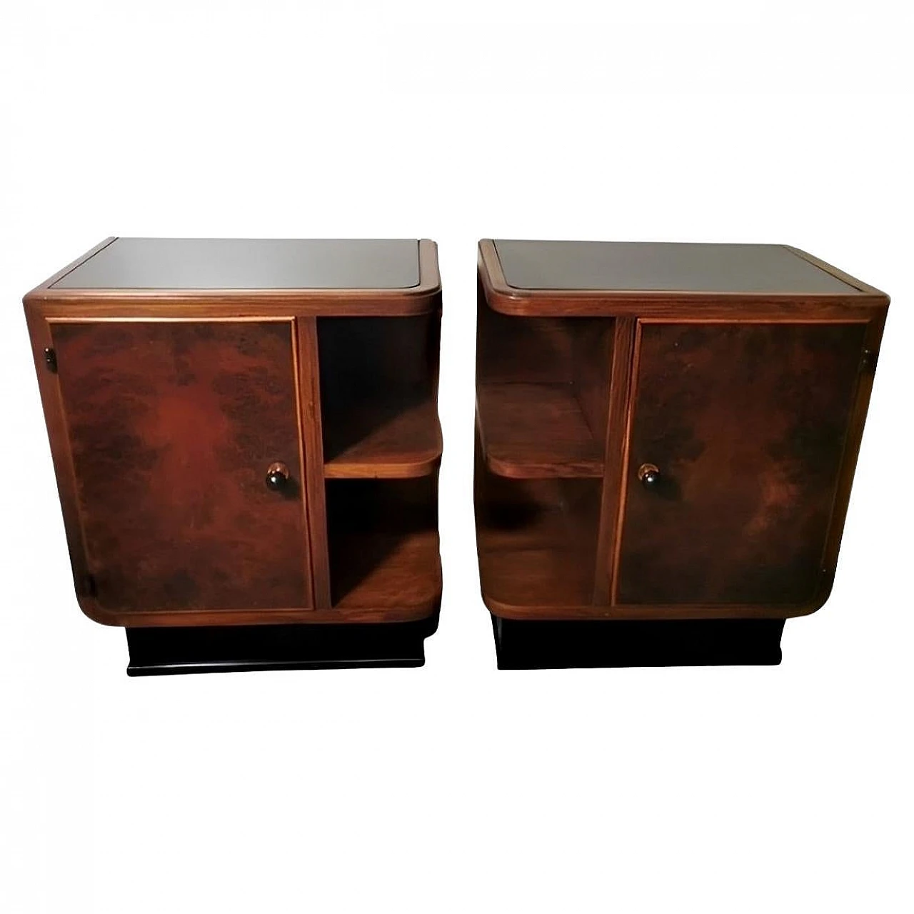 Pair of Art Deco walnut burl bedside tables with black glass, 1930s 1