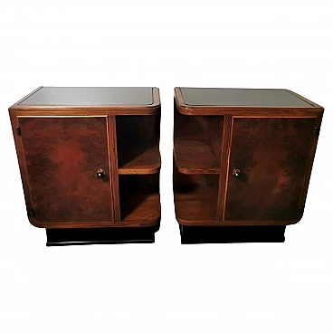 Pair of Art Deco walnut burl bedside tables with black glass, 1930s