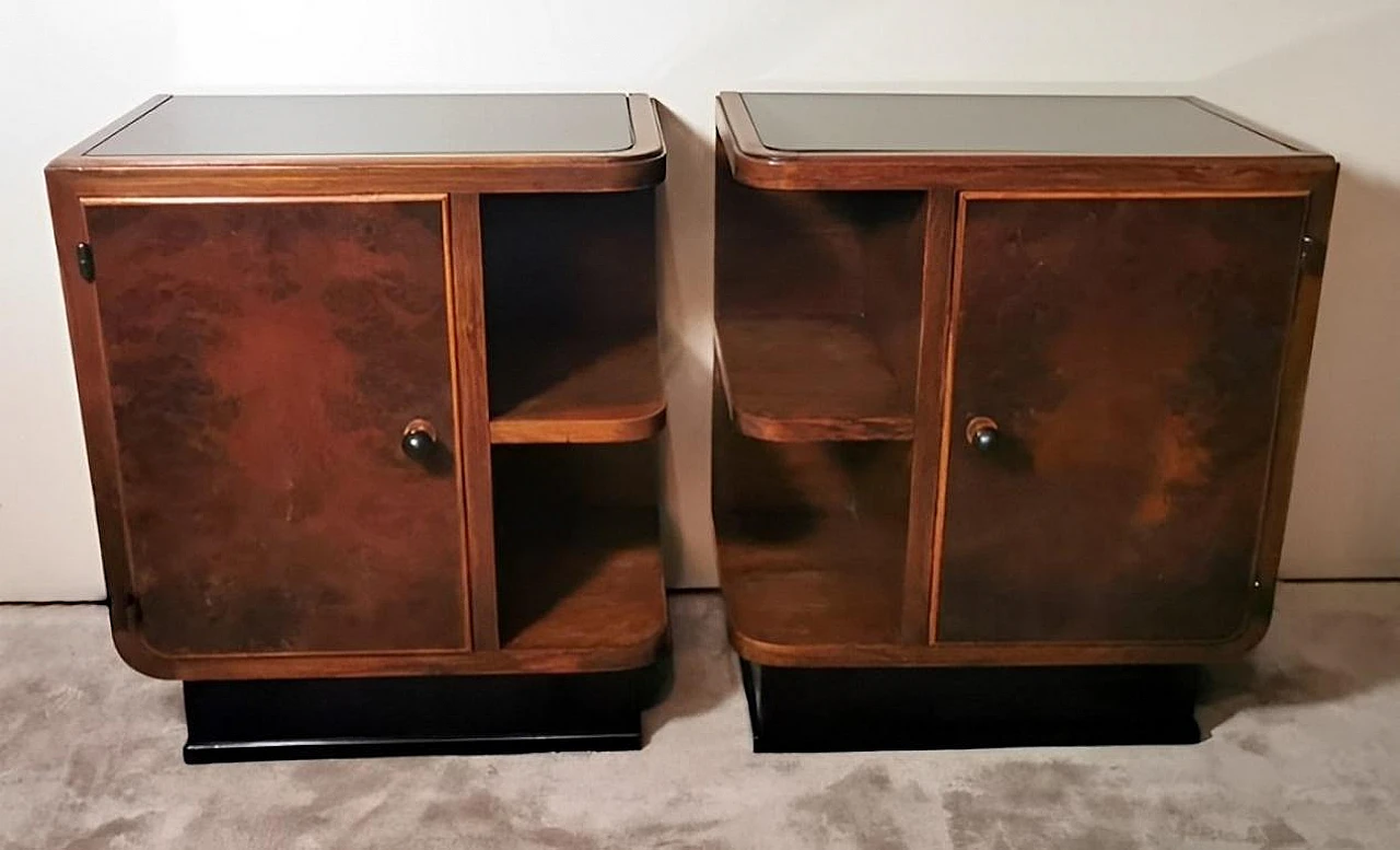 Pair of Art Deco walnut burl bedside tables with black glass, 1930s 2