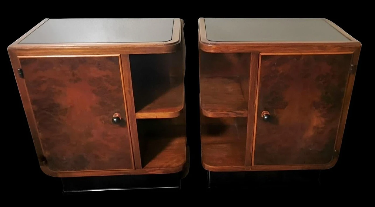 Pair of Art Deco walnut burl bedside tables with black glass, 1930s 3