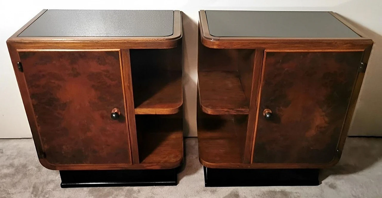 Pair of Art Deco walnut burl bedside tables with black glass, 1930s 4