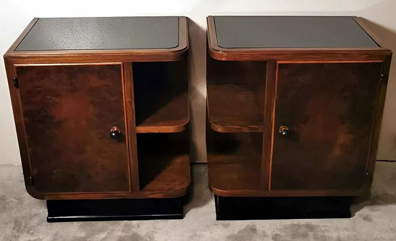 Pair of Art Deco walnut burl bedside tables with black glass, 1930s 5