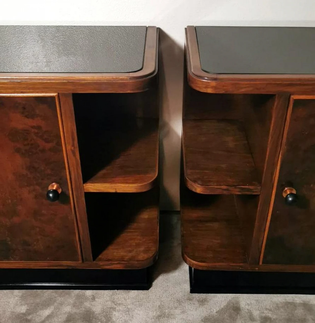 Pair of Art Deco walnut burl bedside tables with black glass, 1930s 6