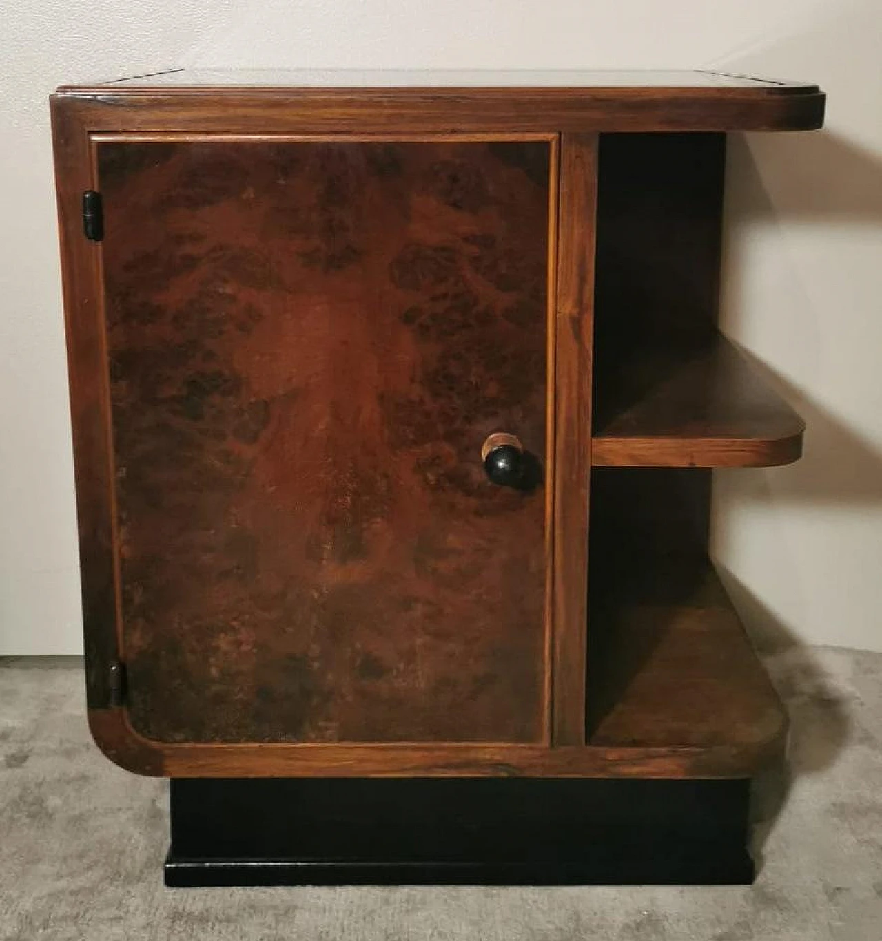 Pair of Art Deco walnut burl bedside tables with black glass, 1930s 7