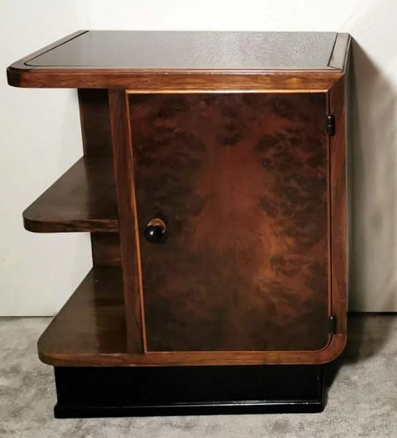 Pair of Art Deco walnut burl bedside tables with black glass, 1930s 8