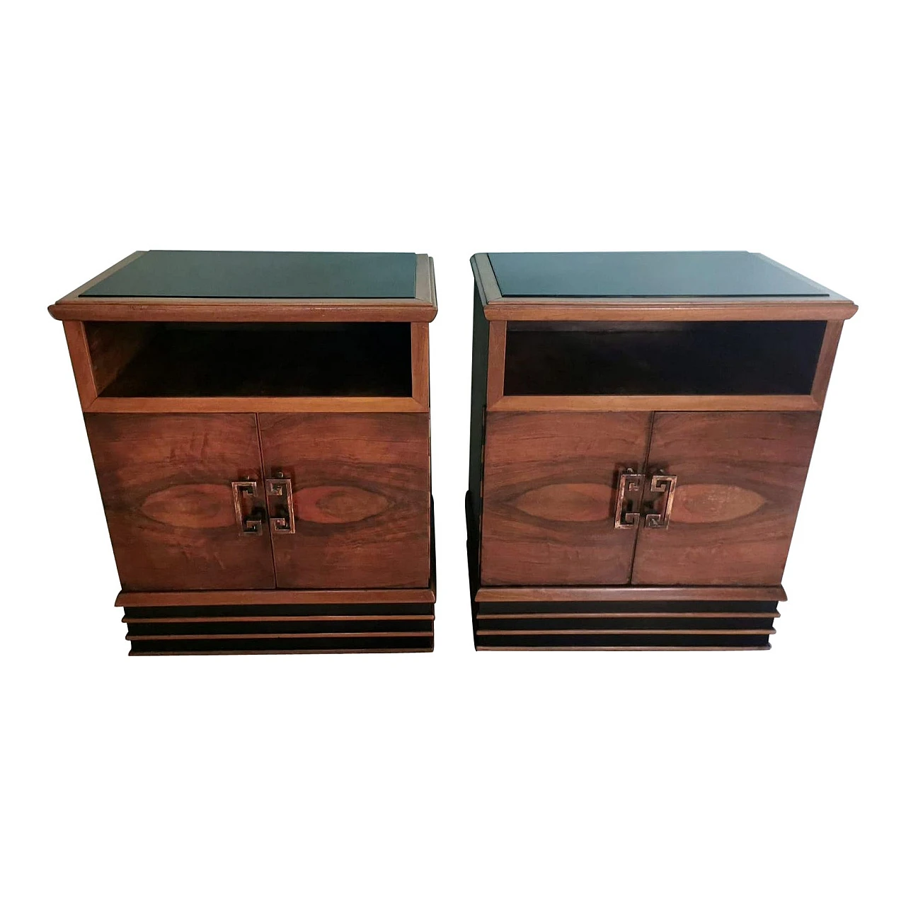 Pair of Art Deco bedside tables in walnut with black glass top, 1930s 1