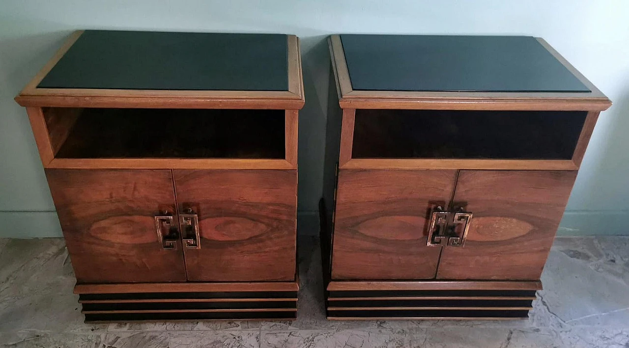 Pair of Art Deco bedside tables in walnut with black glass top, 1930s 2