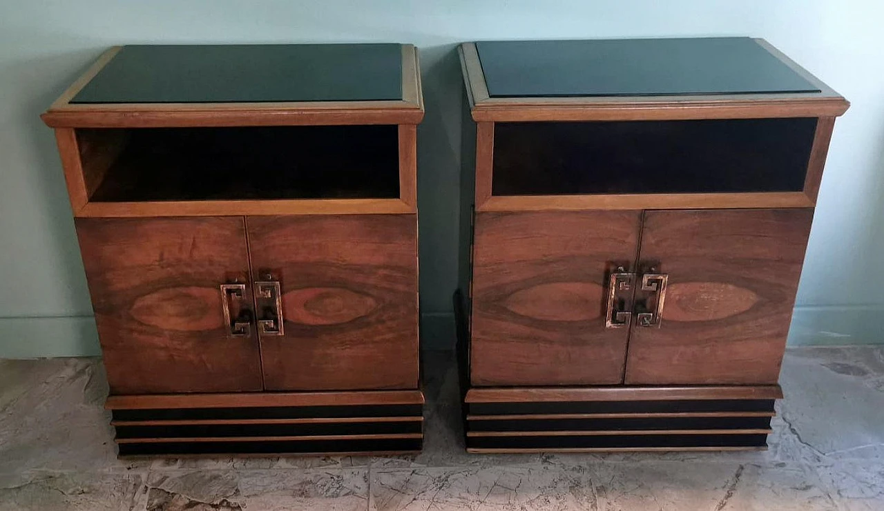 Pair of Art Deco bedside tables in walnut with black glass top, 1930s 3