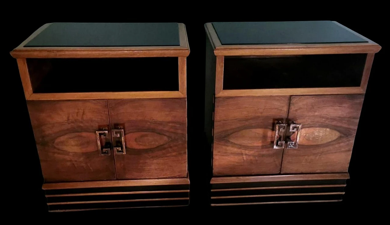 Pair of Art Deco bedside tables in walnut with black glass top, 1930s 4