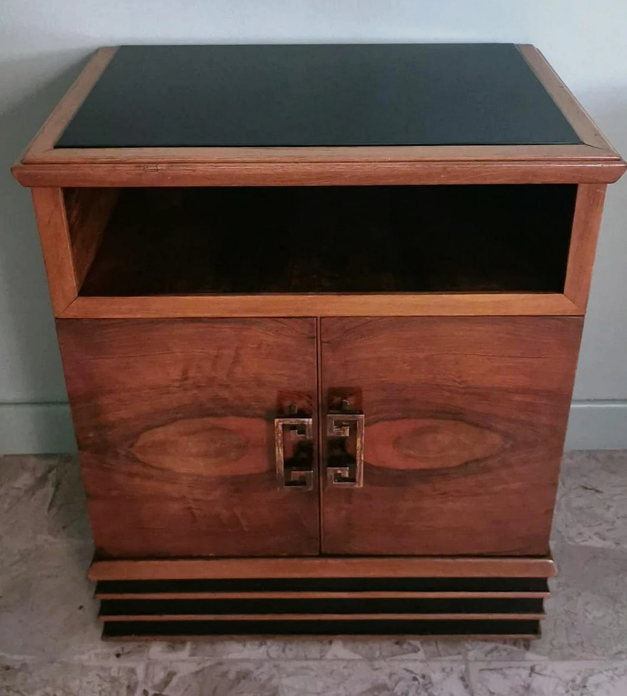 Pair of Art Deco bedside tables in walnut with black glass top, 1930s 5