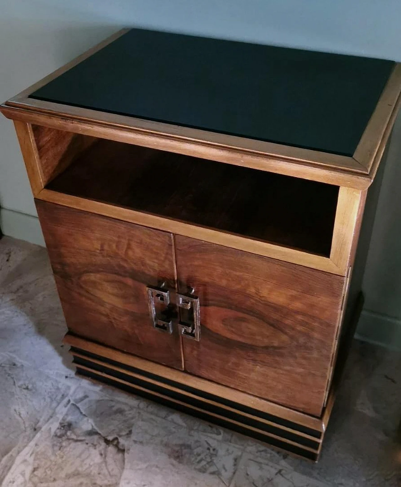 Pair of Art Deco bedside tables in walnut with black glass top, 1930s 7