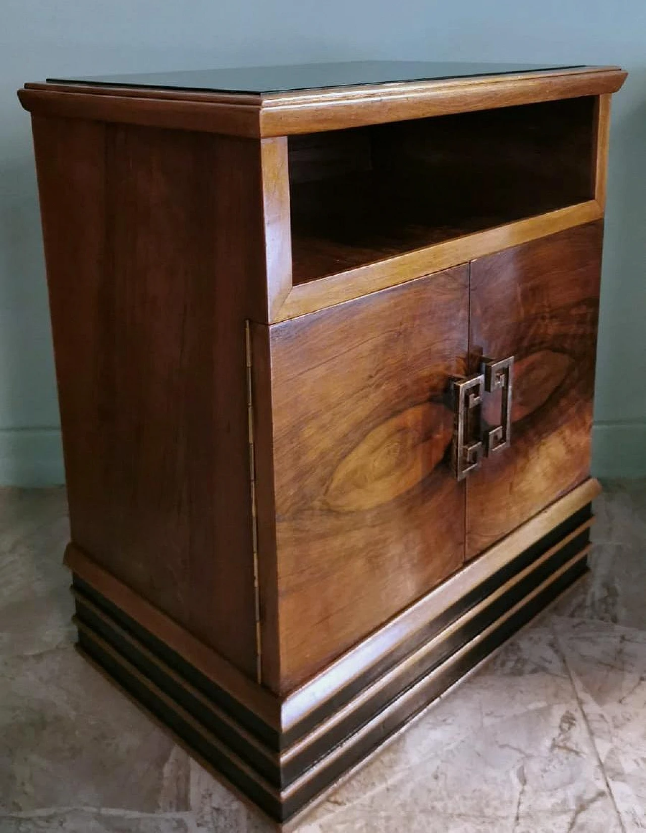 Pair of Art Deco bedside tables in walnut with black glass top, 1930s 8