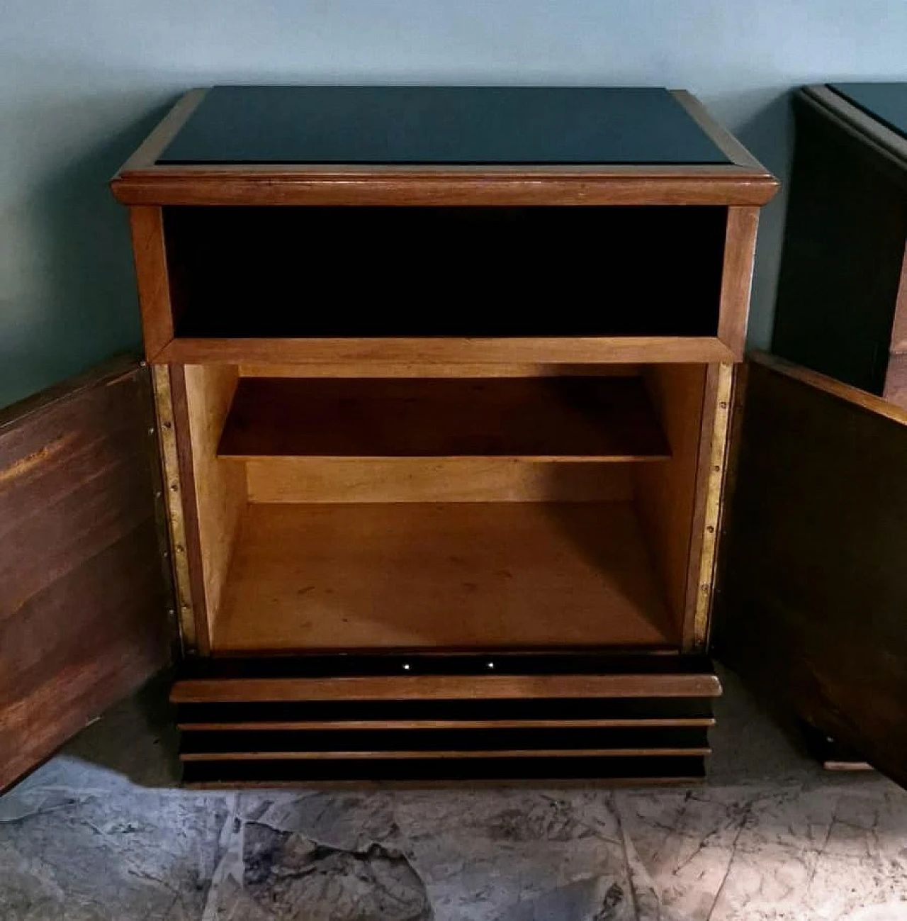 Pair of Art Deco bedside tables in walnut with black glass top, 1930s 16