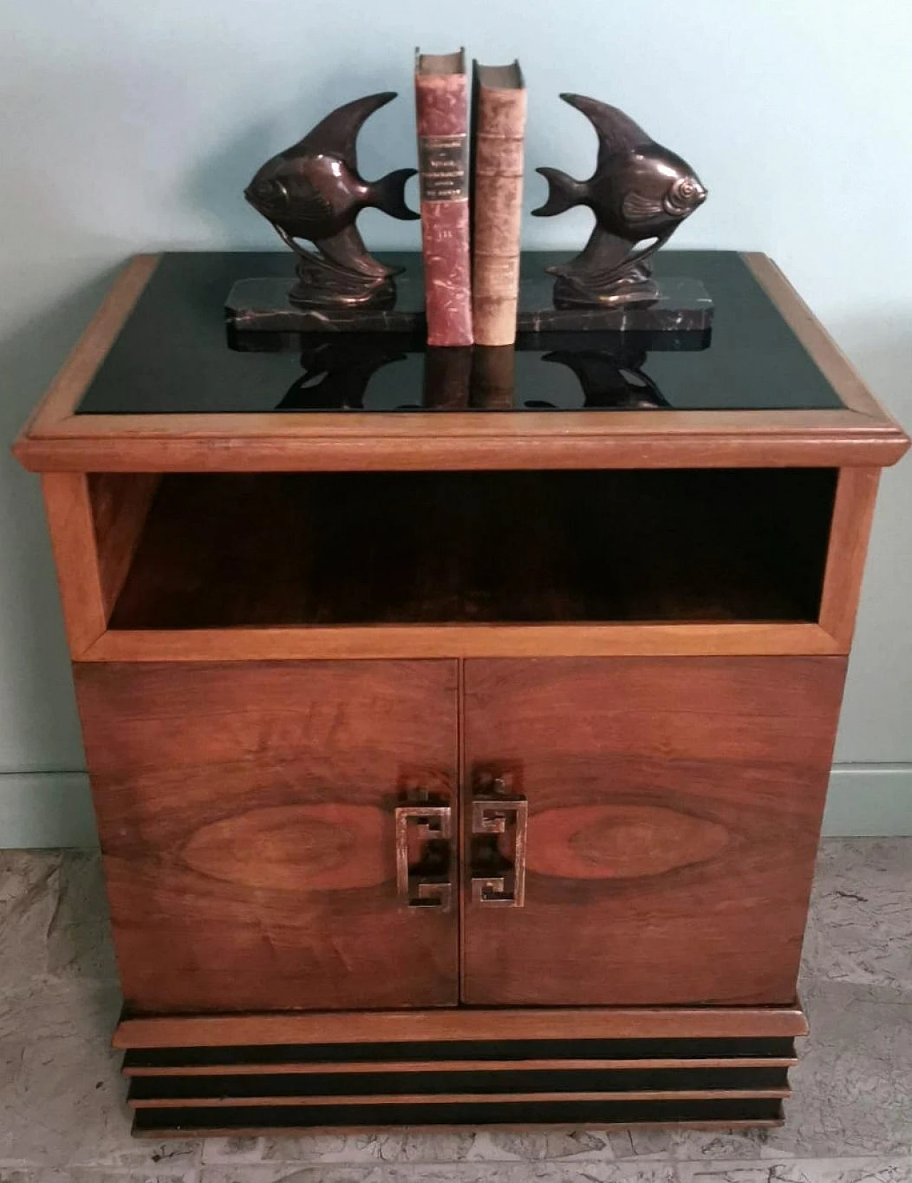 Pair of Art Deco bedside tables in walnut with black glass top, 1930s 19