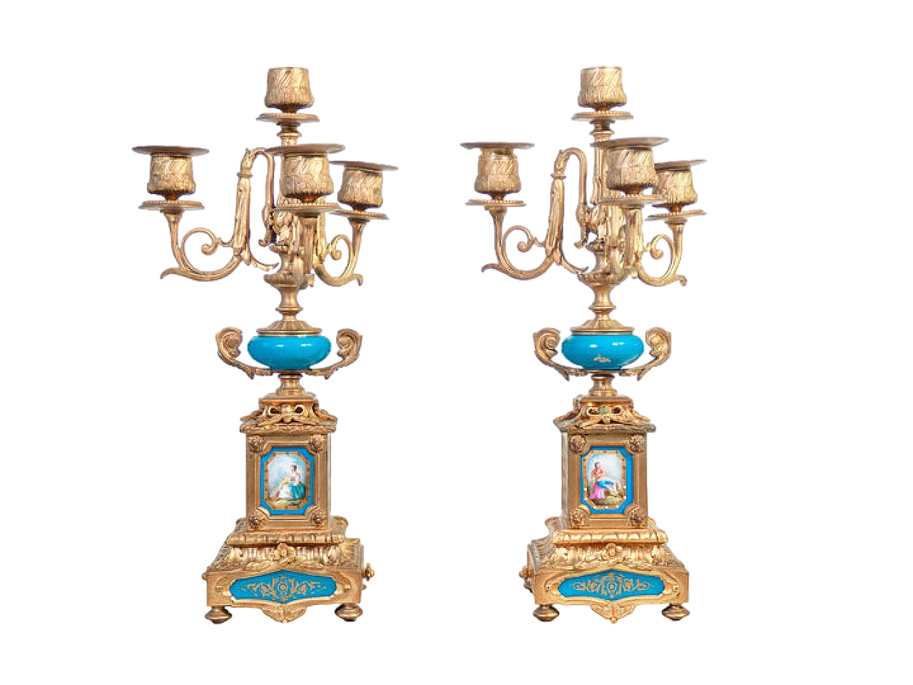 Pair of Louis XVI style metal and ceramic candelabra, 19th century 2