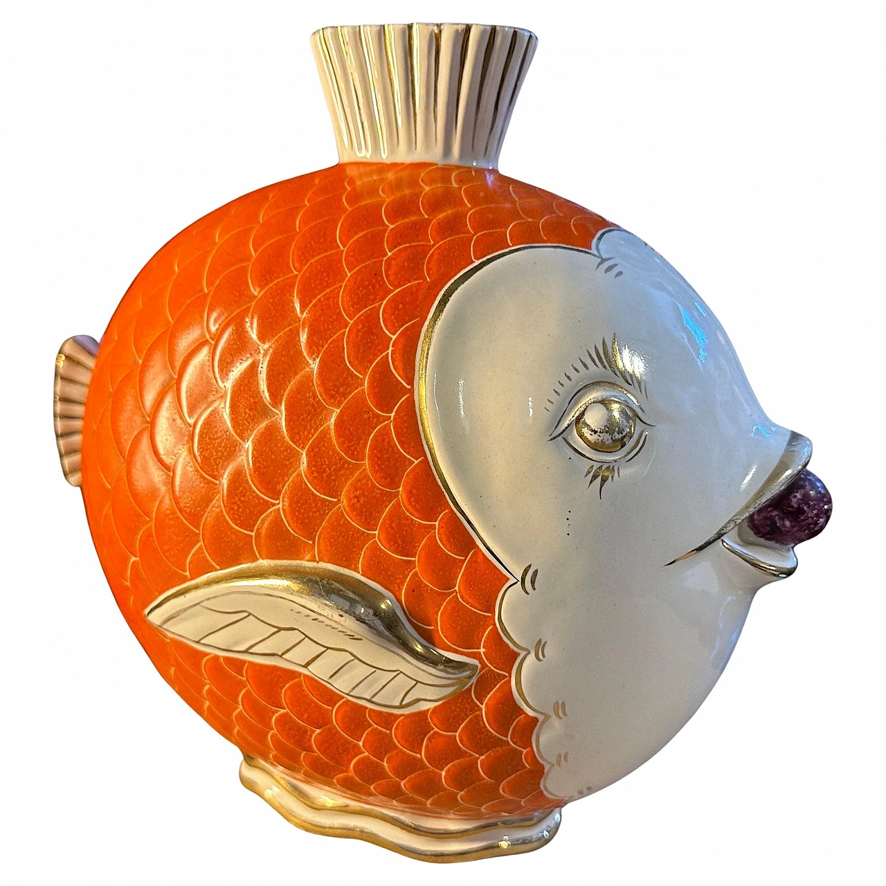 Orange, gold and white ceramic fish-shaped vase, 1950s 1