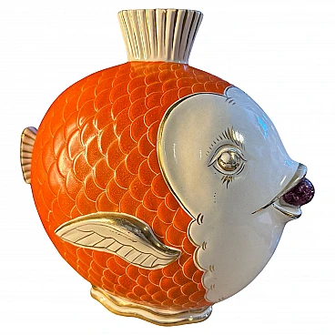 Orange, gold and white ceramic fish-shaped vase, 1950s