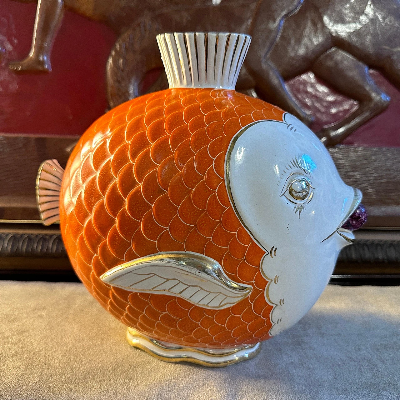 Orange, gold and white ceramic fish-shaped vase, 1950s 2