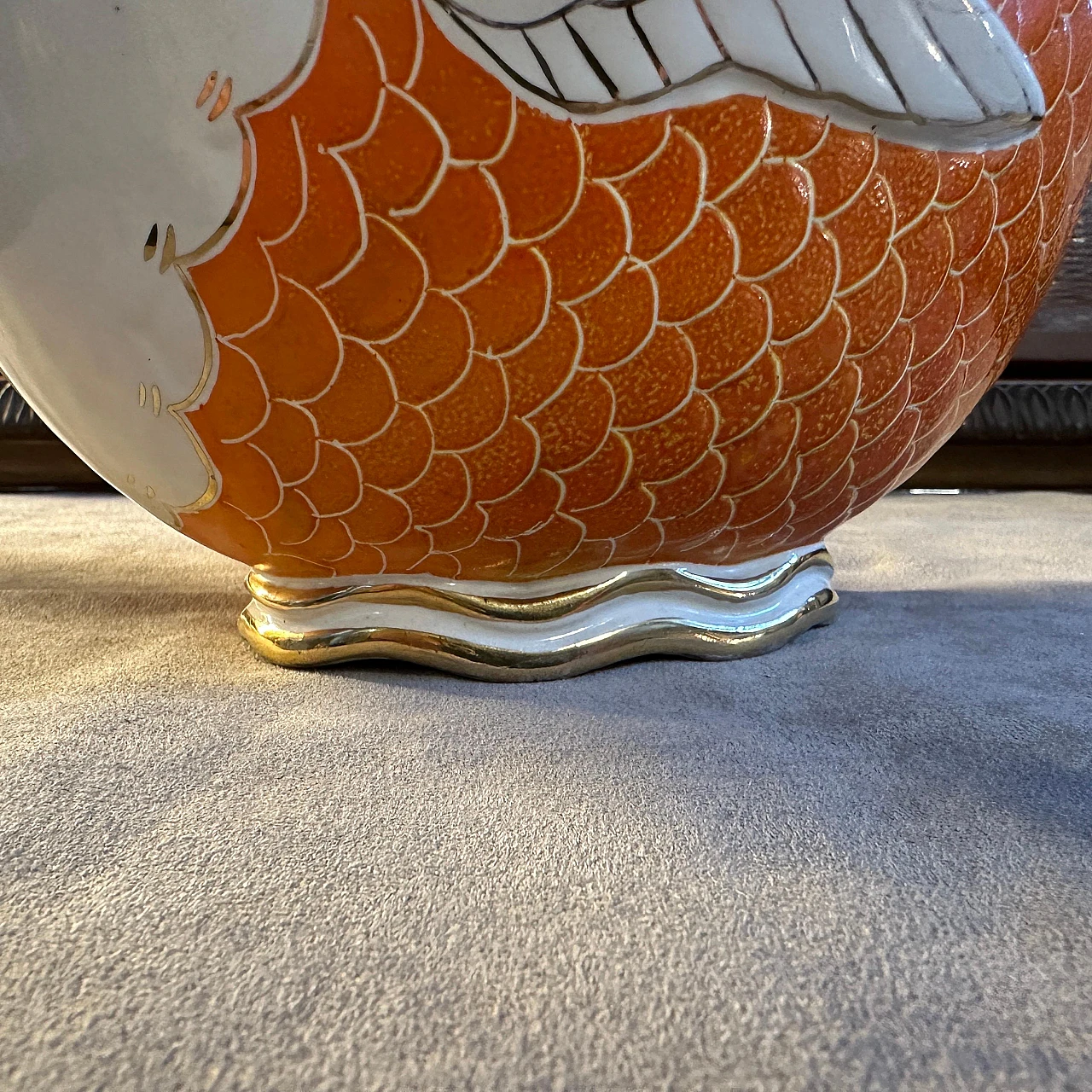 Orange, gold and white ceramic fish-shaped vase, 1950s 3