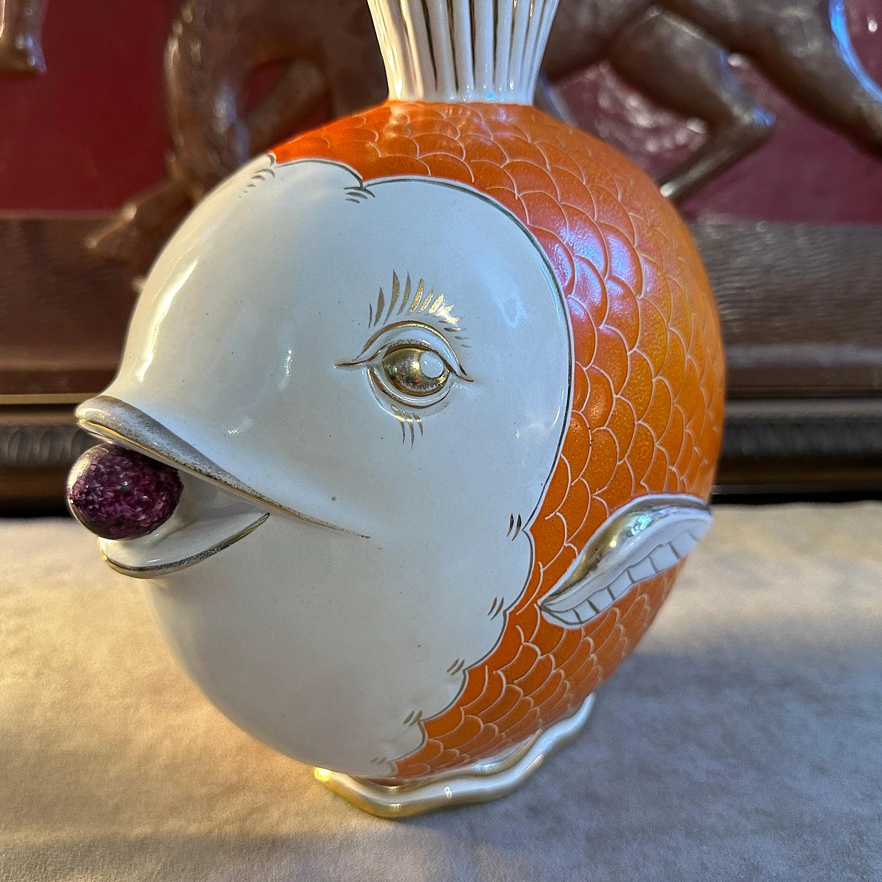 Orange, gold and white ceramic fish-shaped vase, 1950s 4