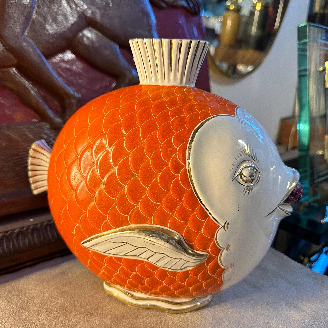 Orange, gold and white ceramic fish-shaped vase, 1950s 5