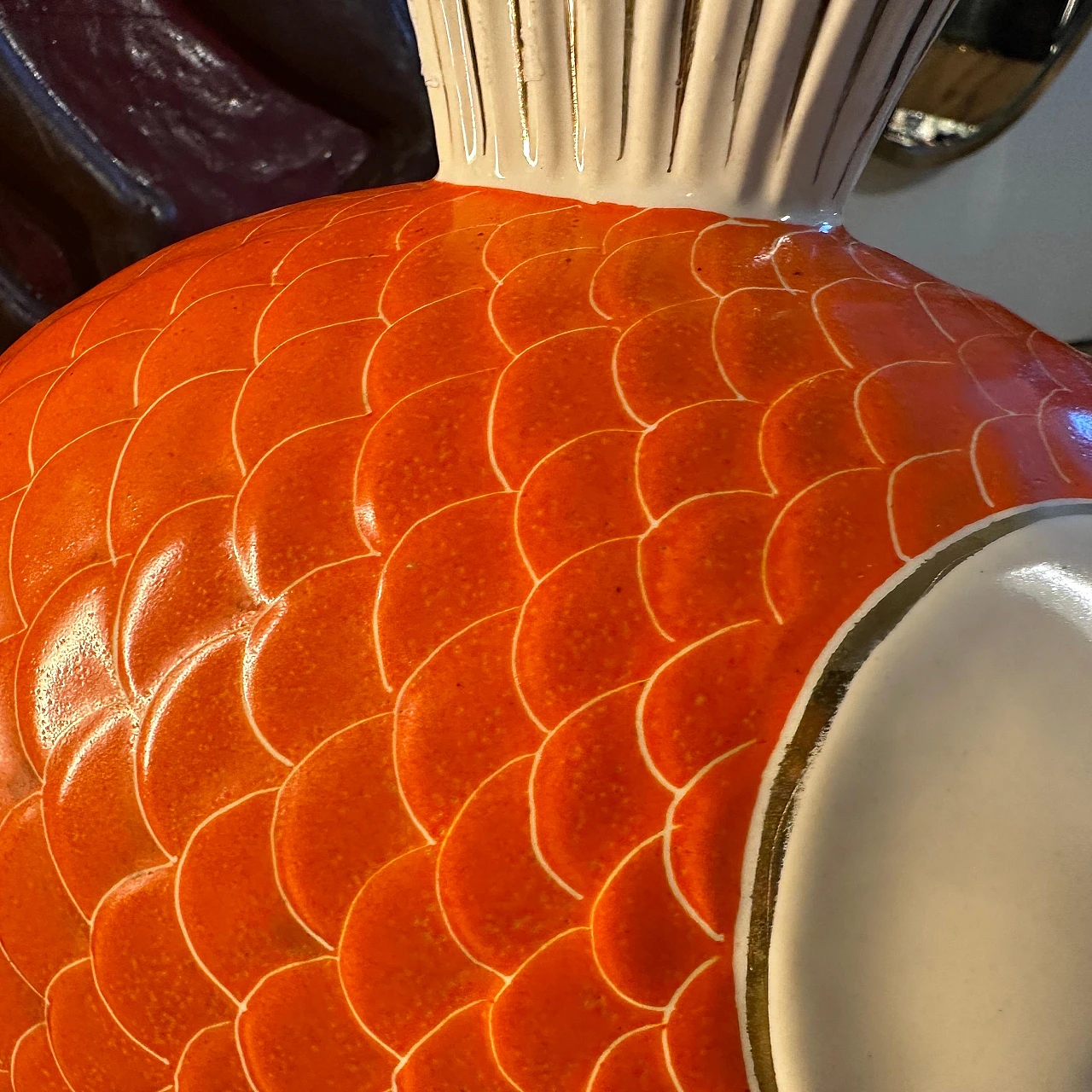 Orange, gold and white ceramic fish-shaped vase, 1950s 6