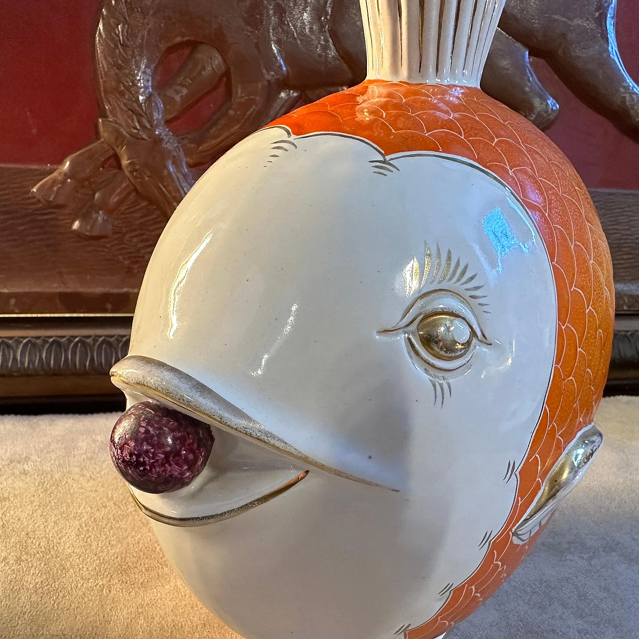 Orange, gold and white ceramic fish-shaped vase, 1950s 7