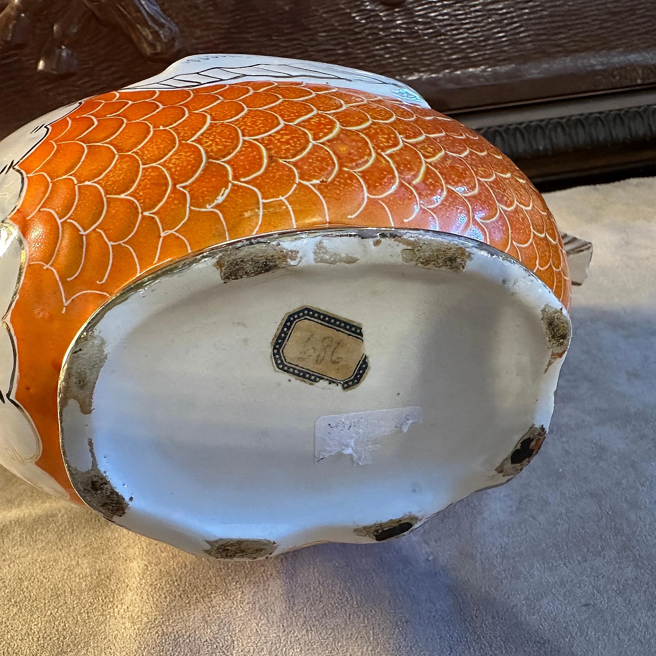 Orange, gold and white ceramic fish-shaped vase, 1950s 8