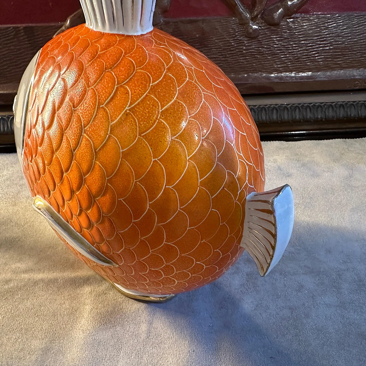 Orange, gold and white ceramic fish-shaped vase, 1950s 9