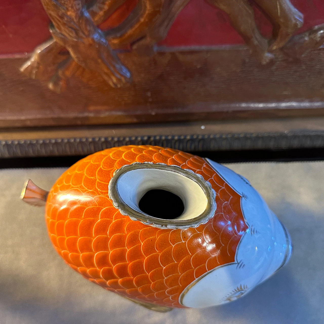 Orange, gold and white ceramic fish-shaped vase, 1950s 10