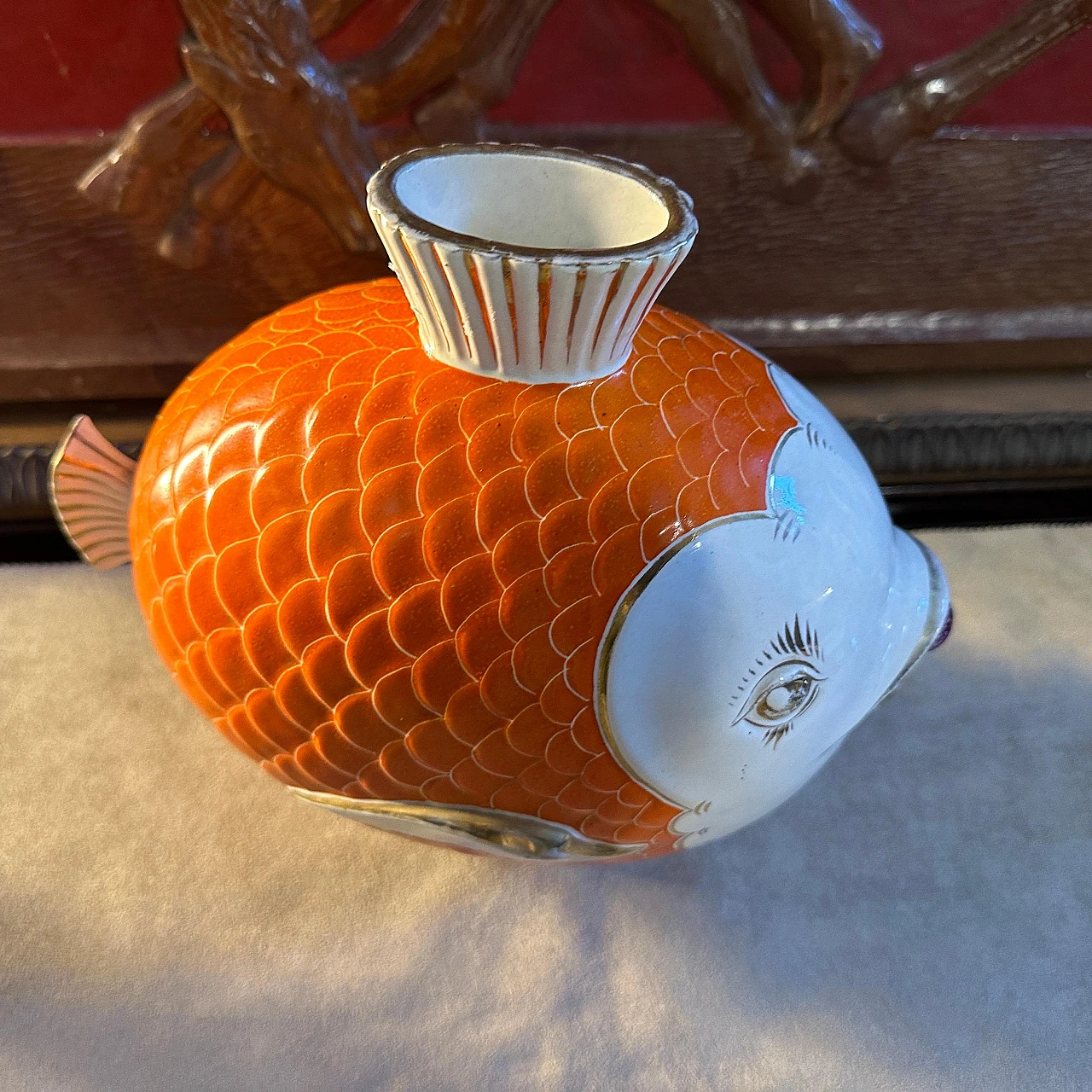 Orange, gold and white ceramic fish-shaped vase, 1950s 11