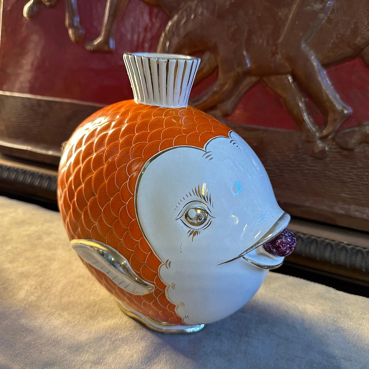 Orange, gold and white ceramic fish-shaped vase, 1950s 12