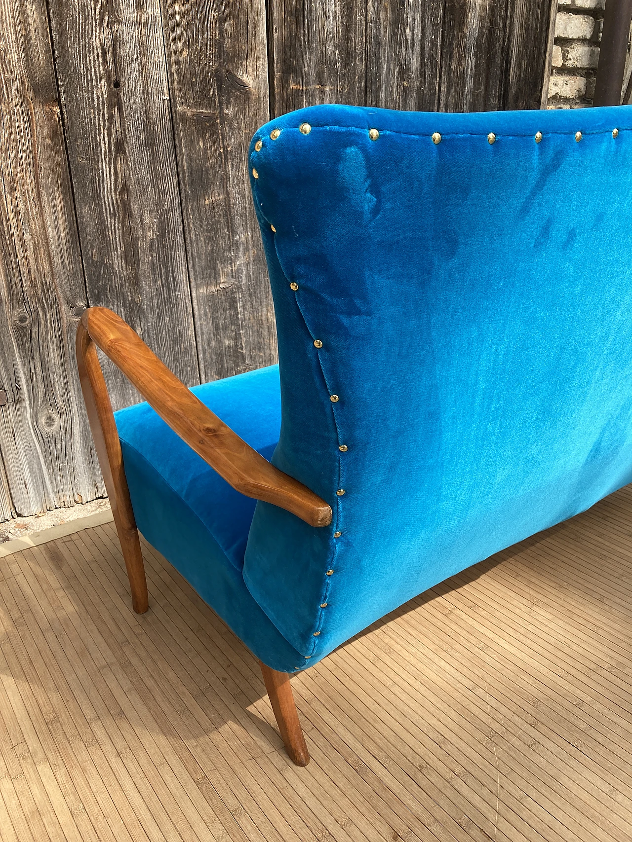 Solid cherry wood and blue velvet sofa, 1940s 16