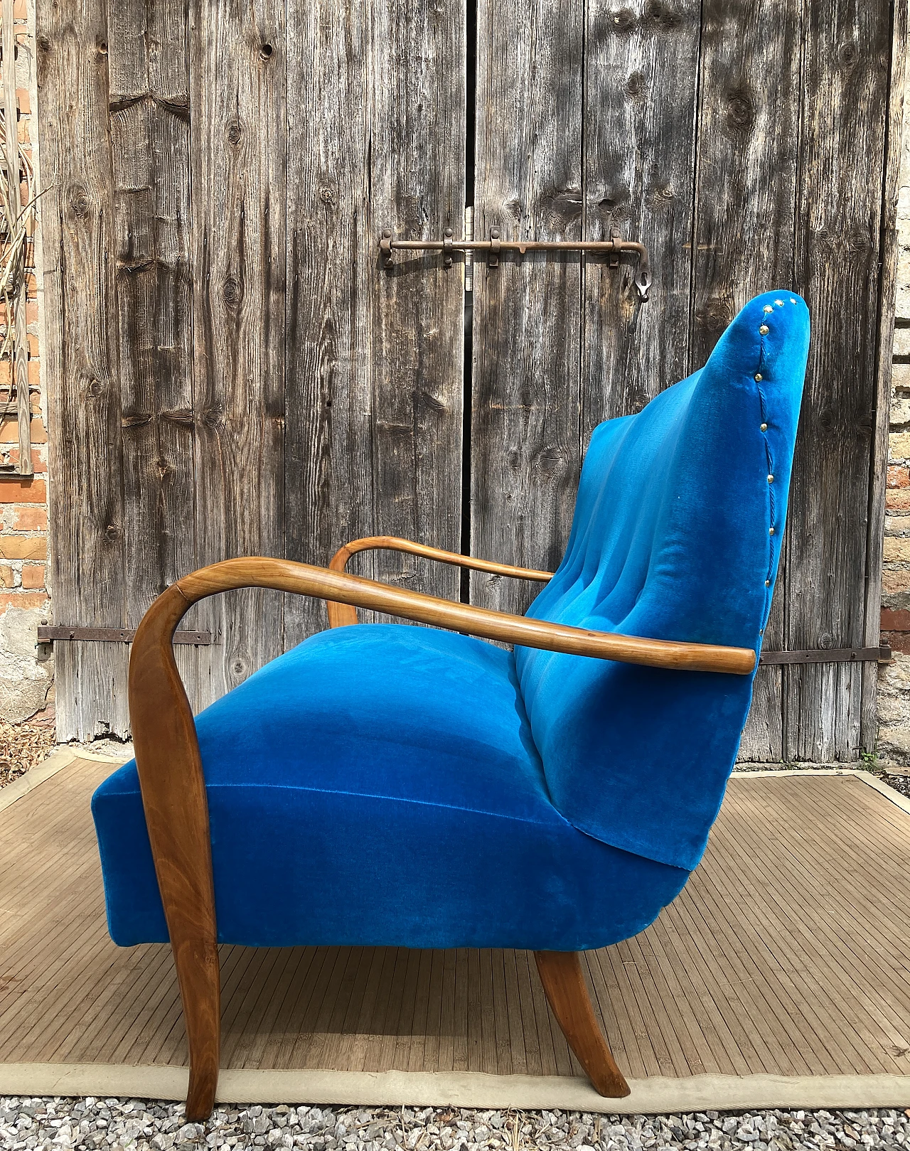 Solid cherry wood and blue velvet sofa, 1940s 17