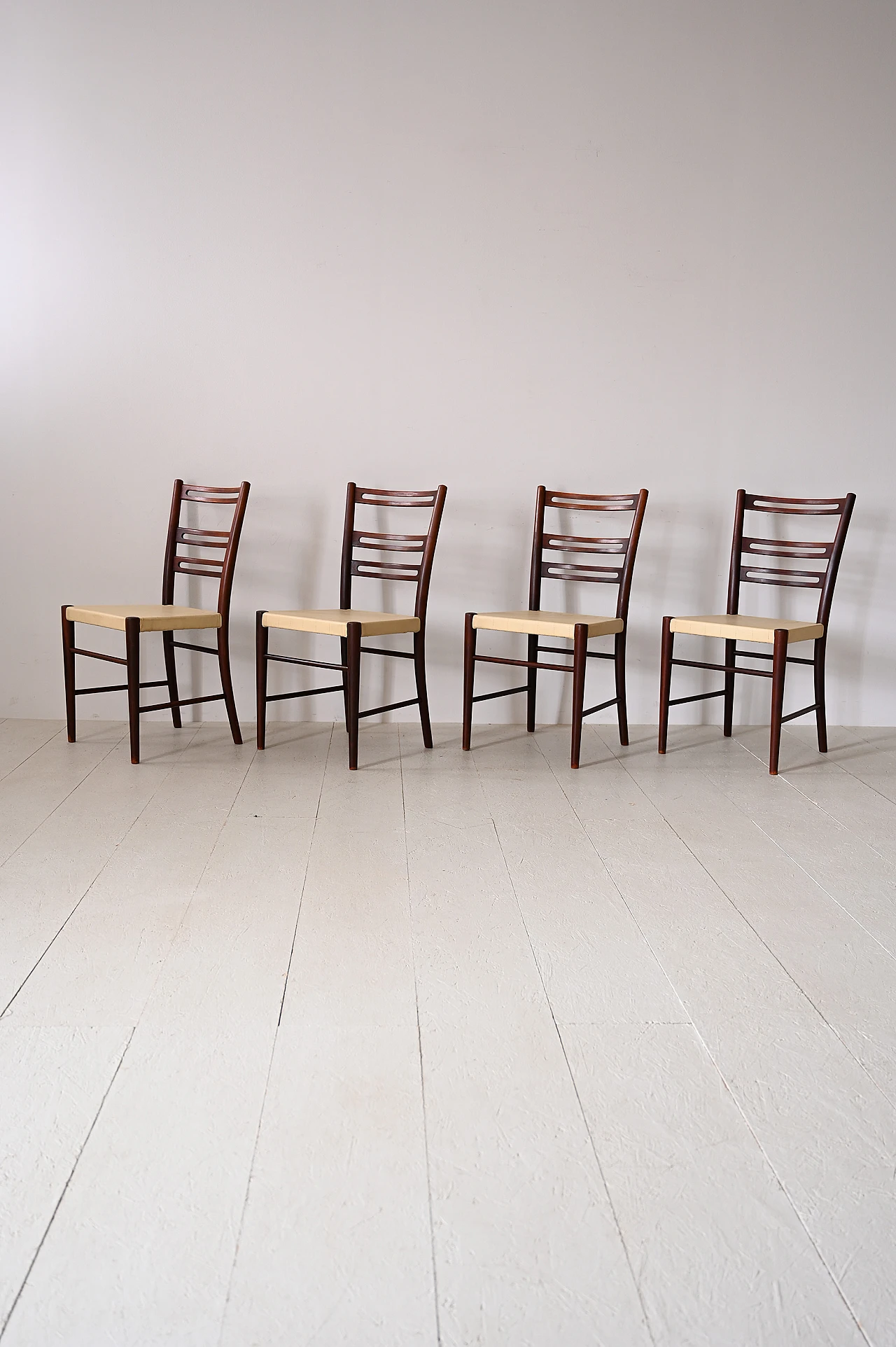 4 Scandinavian wooden and leather chairs, 1960s 2