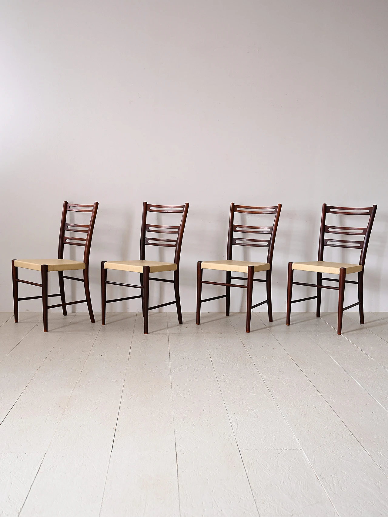 4 Scandinavian wooden and leather chairs, 1960s 4