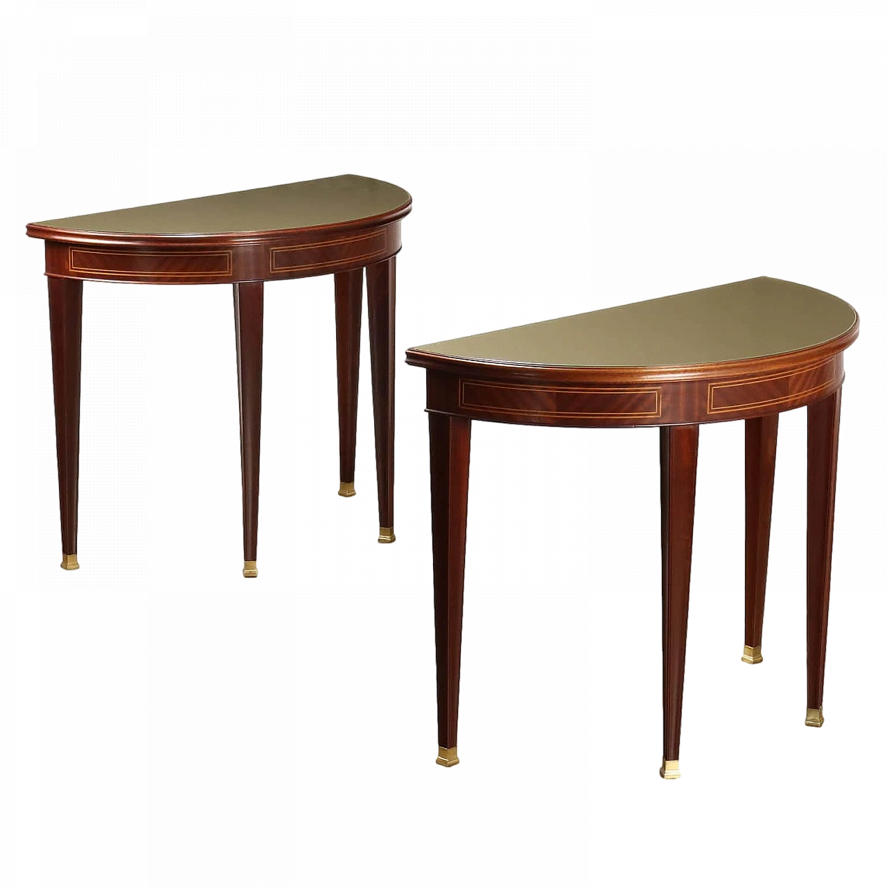 Pair of mahogany consoles with glass top, 1950s 11
